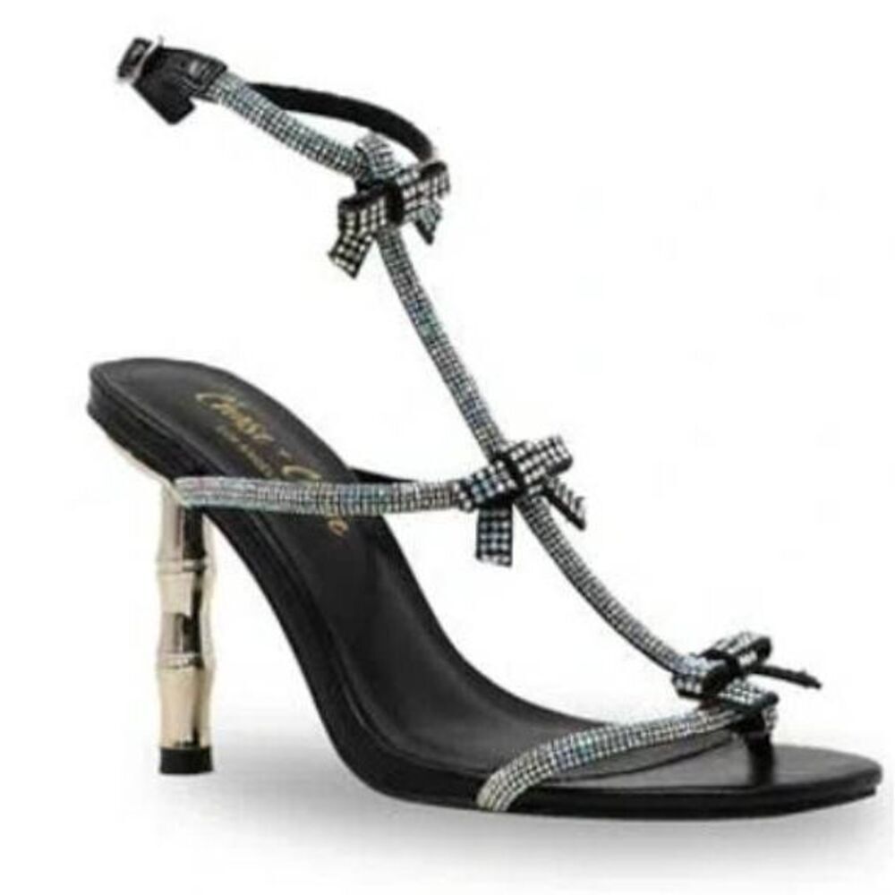 Chase & Chloe Sandals Rhinestone Ankle Strap in Black Gold Heel‎